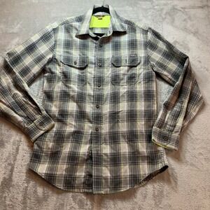 Eddie Bauer Mens Small Plaid Flannel Shirt Grey Lime Green Outdoor Button Down
